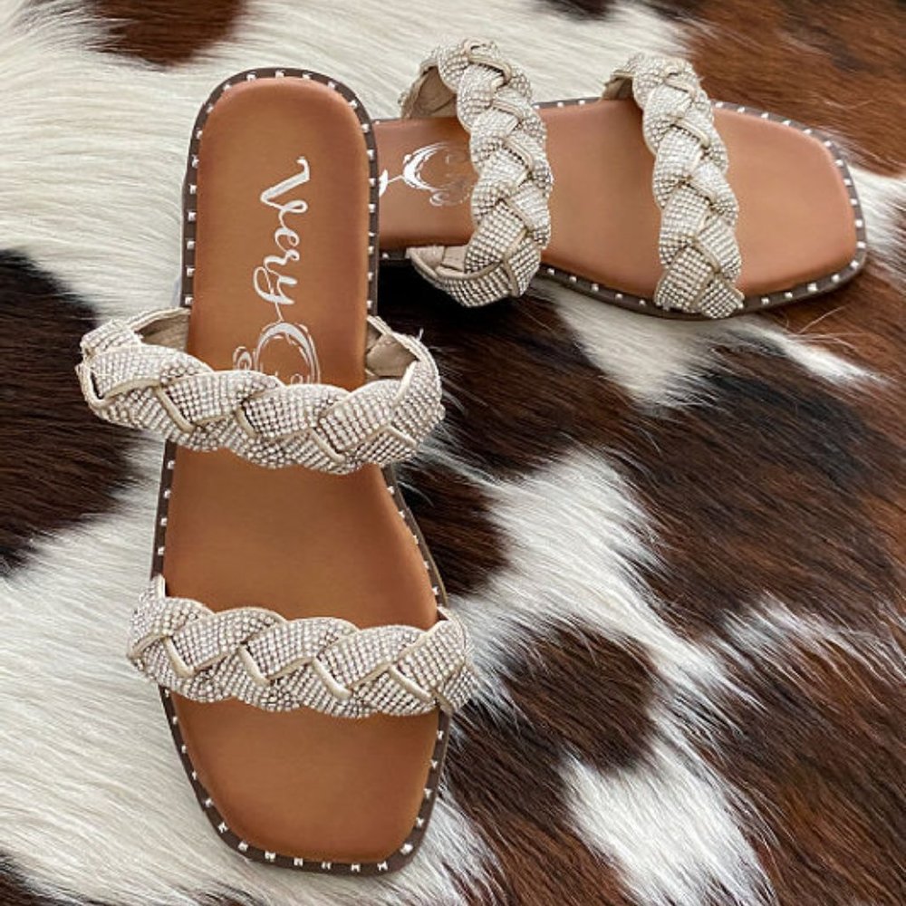 Very G Twisty Silver Rhinestone Slip On Sandals